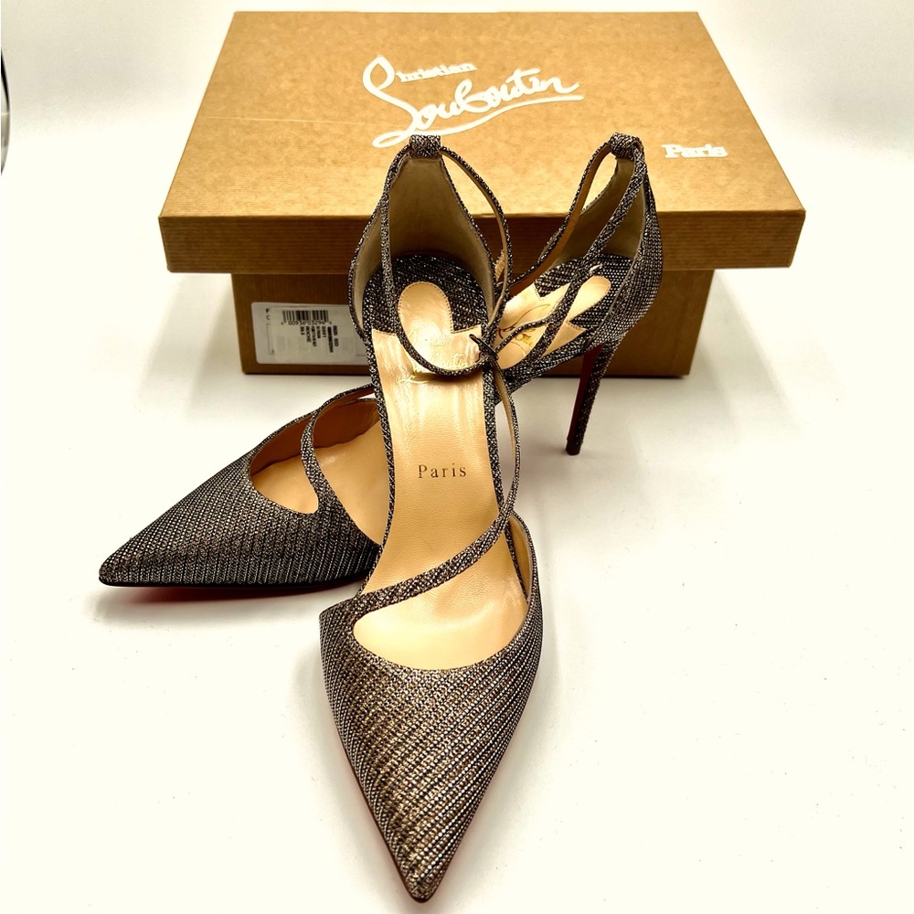 Authentic Christian Louboutin Fliketta Glitter Chain Red Sole Pump, Silver. New